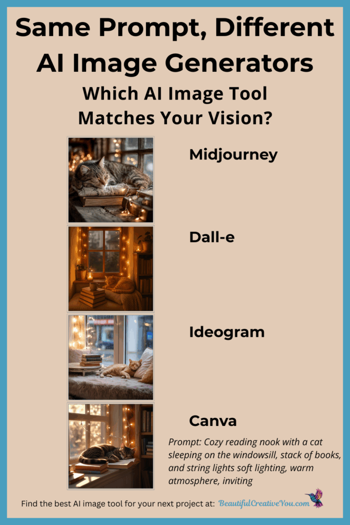 Side-by-side comparison of the same cozy reading nook prompt results from MidJourney, Dall-e, Ideogram, and Canva, showing differences in style and detail.