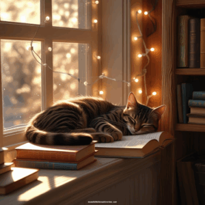 Clean cozy reading nook scene with cat and books, created in Canva.