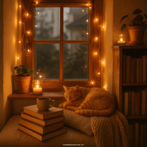 Cozy reading nook with cat and books, warm amber tones, created in DALL·E.