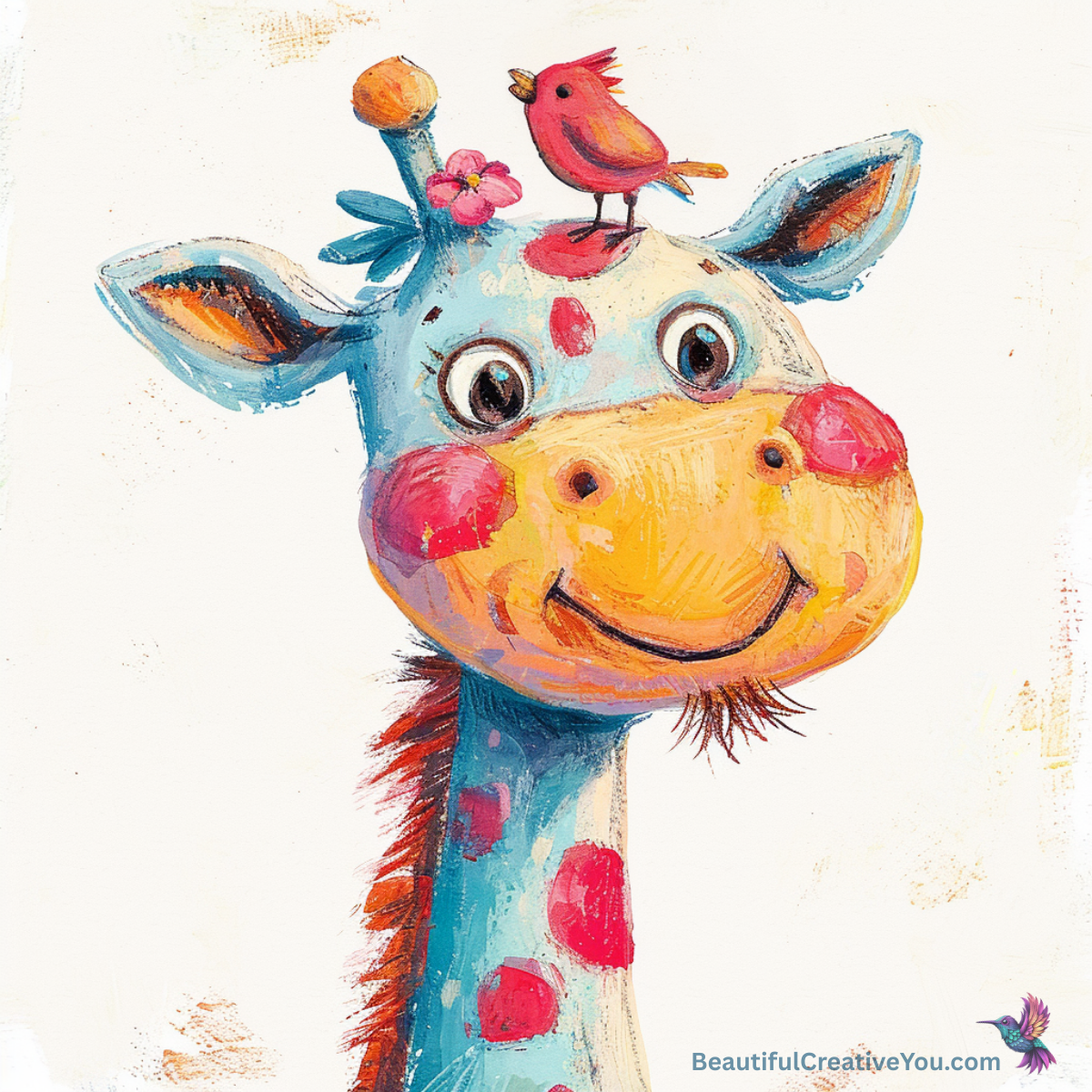 Whimsical AI giraffe illustration missing an ossicle on its head – MidJourney fail example.