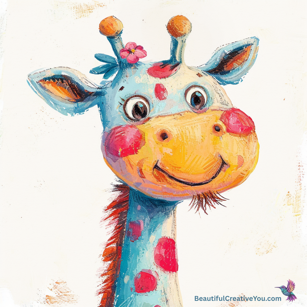 Whimsical AI giraffe illustration with both ossicles correctly fixed – MidJourney edit result.