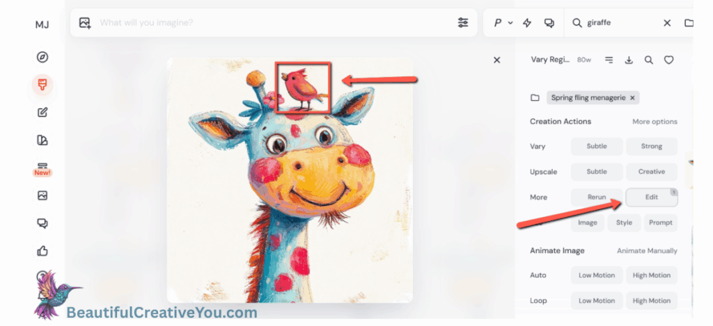 MidJourney editor with Edit button highlighted for giraffe image fix.