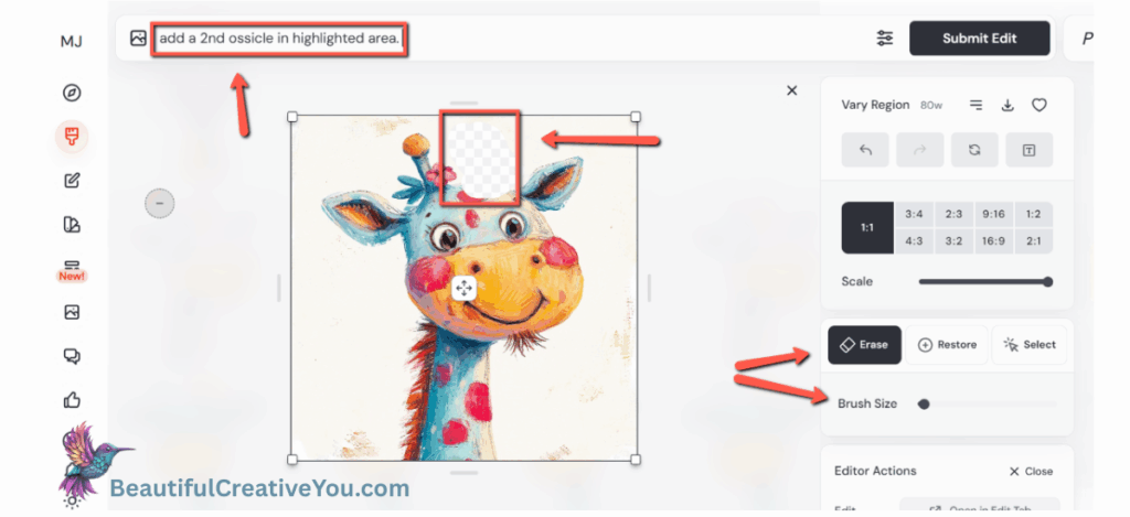 MidJourney editor showing giraffe ossicle area highlighted with edit prompt text.