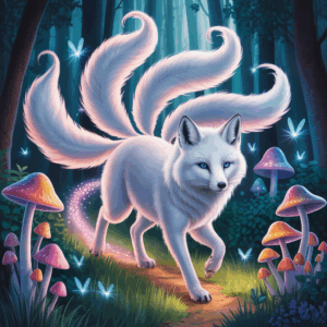 Mystical white fox exploring a glowing mushroom forest, illustrated in soft fantasy style with rich detail and ethereal lighting.