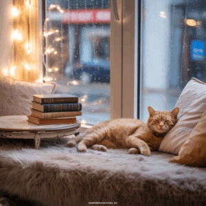Bright airy cozy reading nook with cat and books, created in Ideogram.