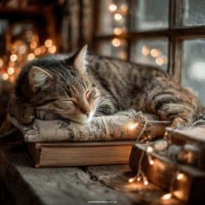 Serene reading nook with a tabby cat napping on an open book near a window, surrounded by fairy lights and books, created with MidJourney AI image generator.