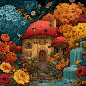 Highly detailed fantasy mushroom house surrounded by vibrant flowers, small waterfall, and ladybugs, created with complex AI prompt.