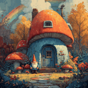 Whimsical mushroom-shaped house with a gnome at the door and rainbow in the background, created with a simple AI prompt.