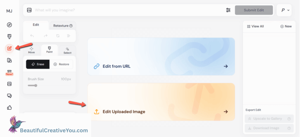 MidJourney editor screen showing option to upload non-MidJourney images for editing.