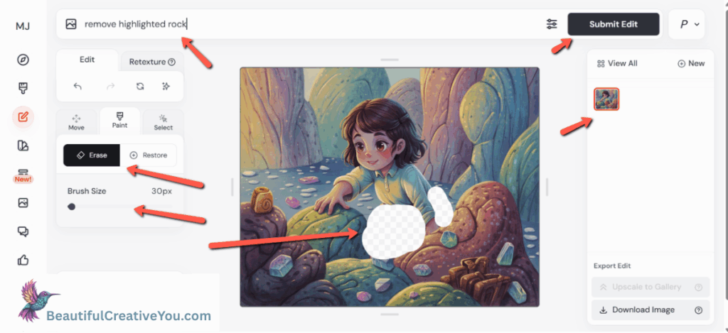 MidJourney editor showing rock highlighted for removal in the treasure hunt image.