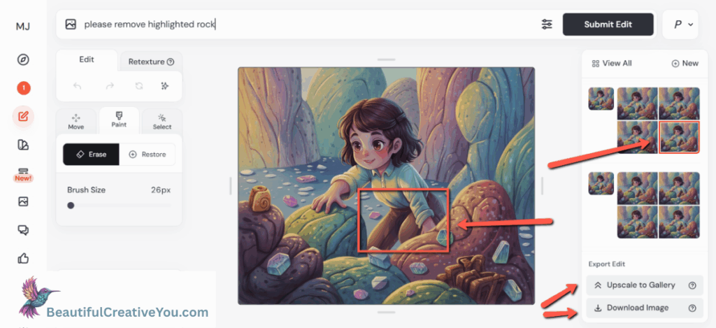 MidJourney editor showing result options after removing highlighted rock from treasure hunt image.