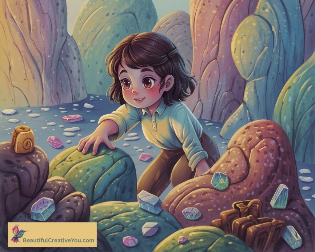 AI illustration of girl in treasure scene with corrected legs, no longer growing out of a rock – MidJourney edit result.