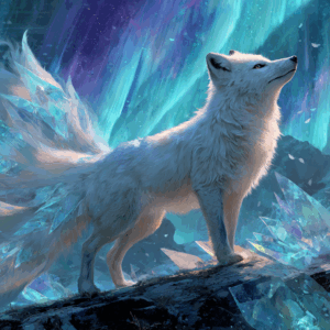 Mystical white fox under aurora sky with crystals, MidJourney seed original.