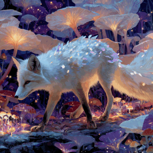 Mystical white fox in glowing mushroom forest, MidJourney seed variation.