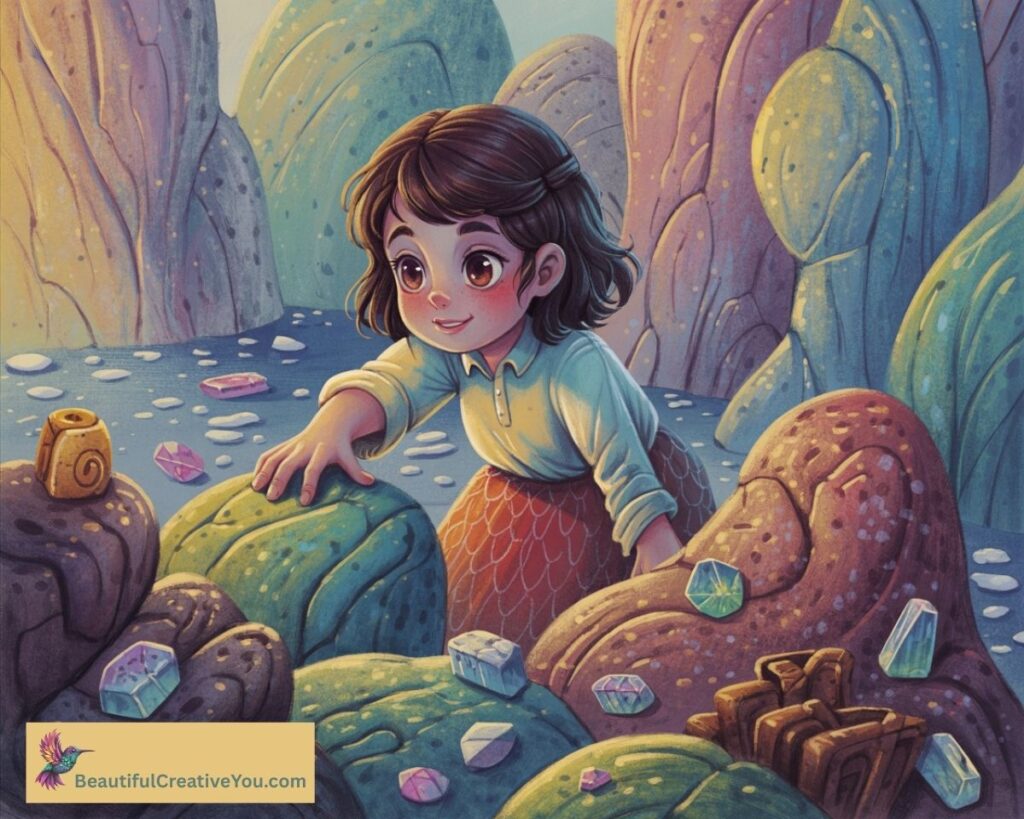 AI illustration of a girl in a treasure scene appearing to grow out of a rock – AI fail example.