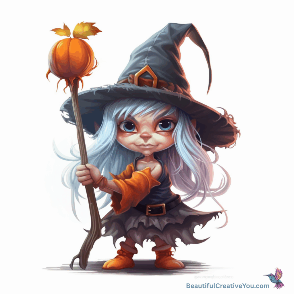 witch-image-fail-before → “AI illustration of a Halloween witch holding a staff, hand facing the wrong direction – MidJourney fail example.