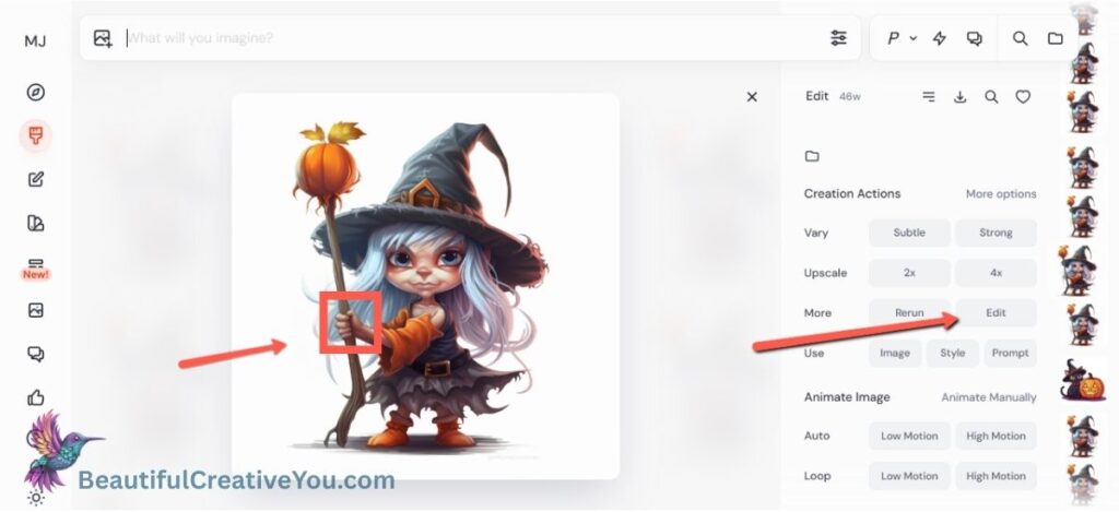 MidJourney editor interface with the Edit button highlighted for witch image fix.