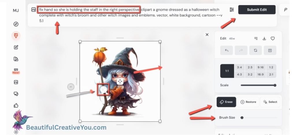 MidJourney editor showing witch’s hand area highlighted with prompt text to fix hand perspective.