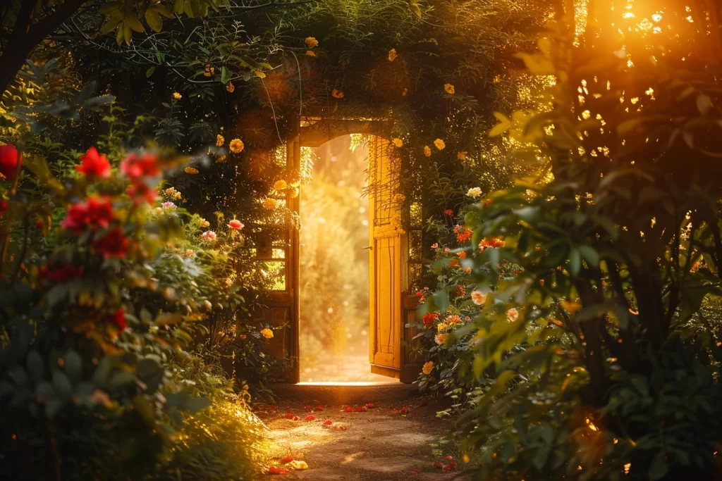 Golden light shining through an open doorway surrounded by flowers, symbolizing new possibilities with AI for midlife creators.