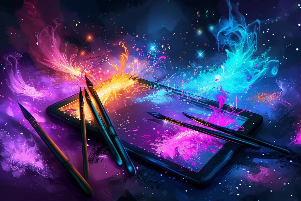 Vibrant art supplies glowing with color and light, symbolizing AI as a new creative toolkit for women over 40.