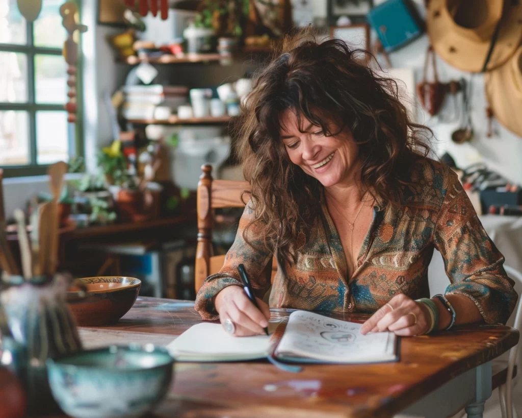 Midlife woman in creative flow, finishing a project with a peaceful, satisfied expression.