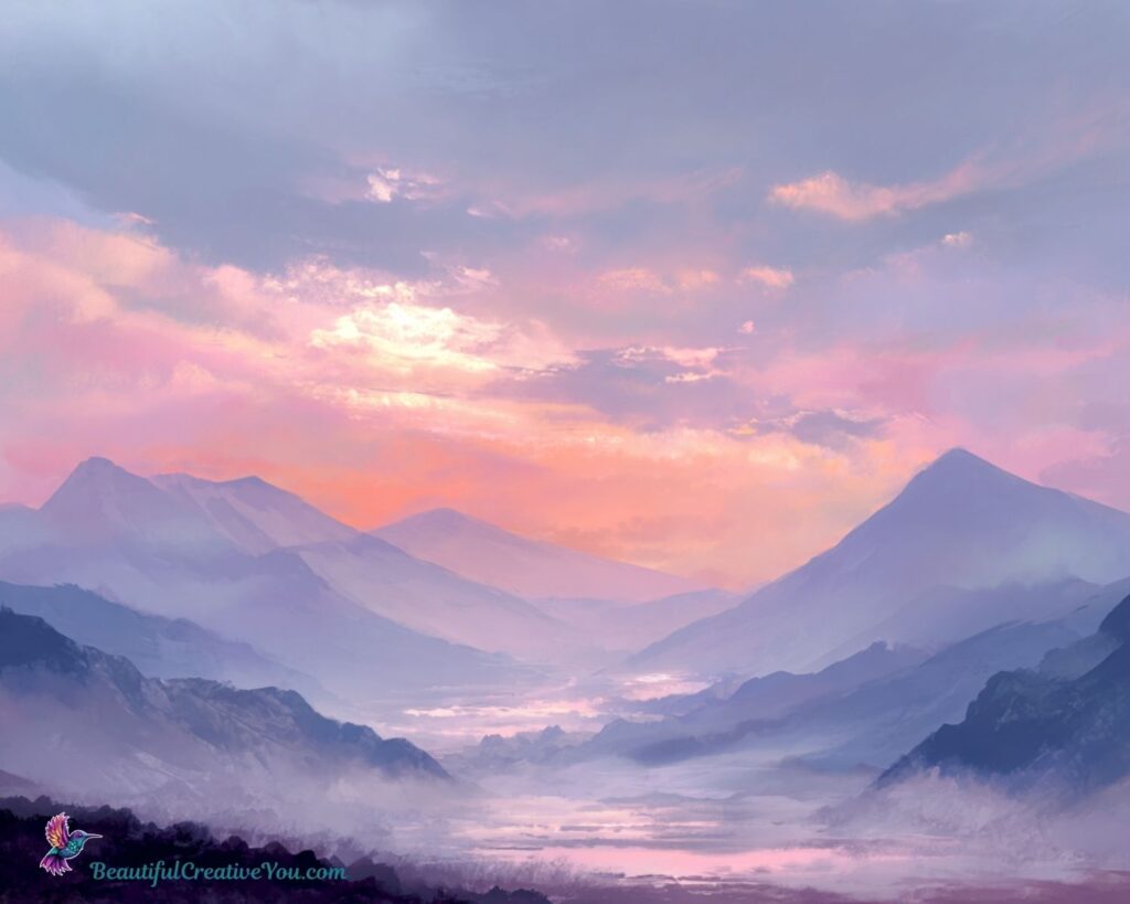 Pastel watercolor sunrise over misty mountain peaks with soft clouds.