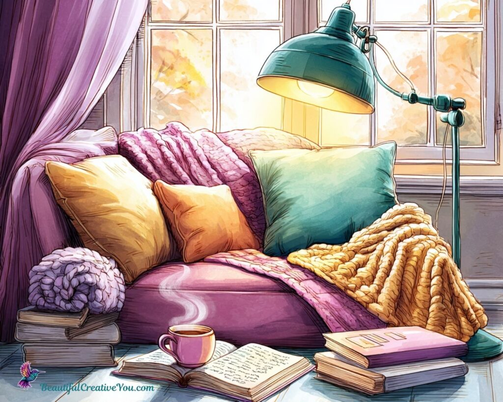 Illustration of a cozy reading nook with an armchair, glowing lamp, and steaming tea.