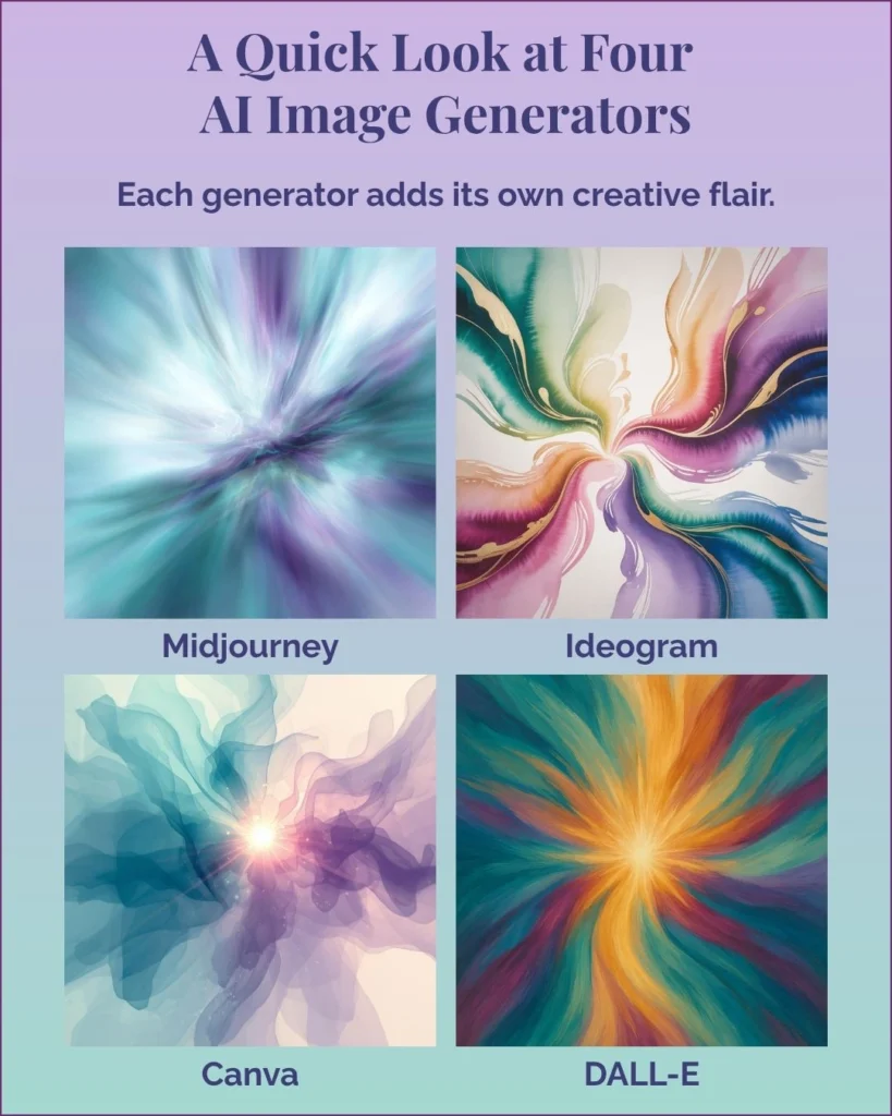 Abstract watercolor swirl in teal, plum, lavender, and gold tones representing the spark of creative energy behind AI image generation.