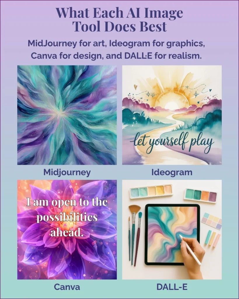 Comparison grid showing artistic examples from MidJourney, Ideogram, Canva, and DALL·E — highlighting each AI image generator’s unique creative strengths.