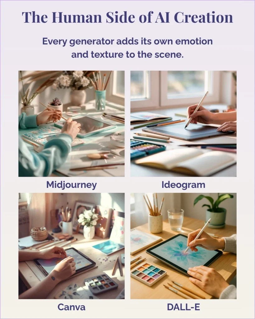 Photo-realistic comparison grid of creative workspaces showing how MidJourney, Ideogram, Canva, and DALL·E interpret realism and human creativity