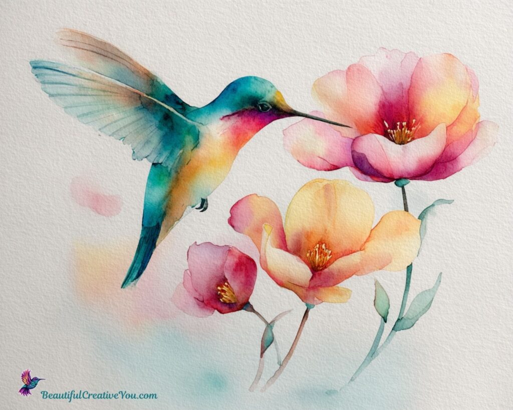 Watercolor illustration of a hummingbird hovering over bright flowers.