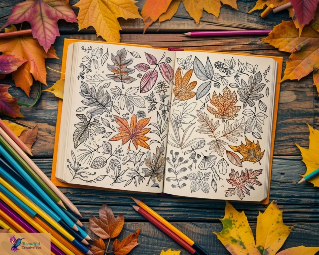 open coloring book with autumn leaves and pencils scattered on table – creative reflection and seasonal reset