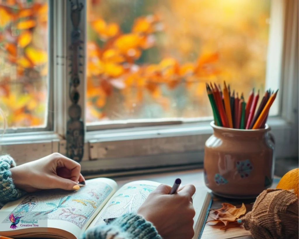 woman journaling near window with golden leaves outside – gentle creative restart moment for midlife women