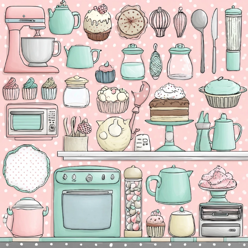 AI generated baking scene with many kitchen objects and desserts in one image