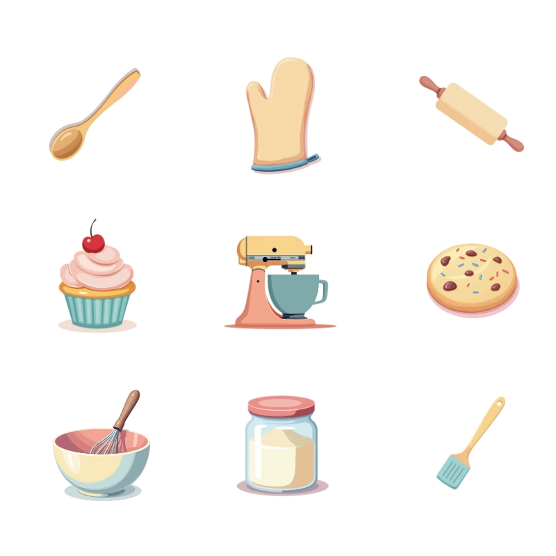 AI generated baking clipart set with mixer, cupcake, cookie and kitchen tools