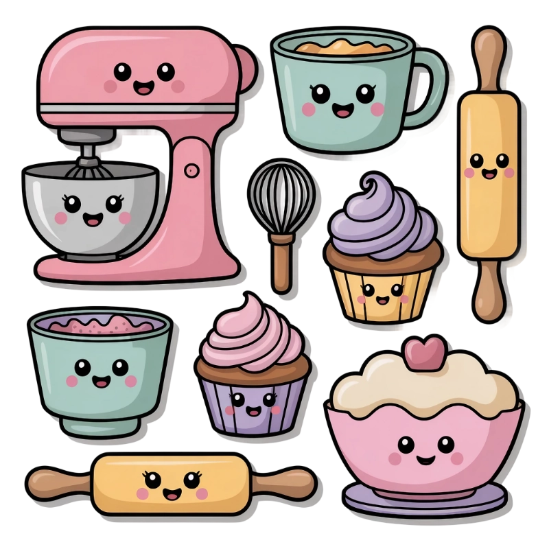 AI clipart baking objects with smiling faces and extra details