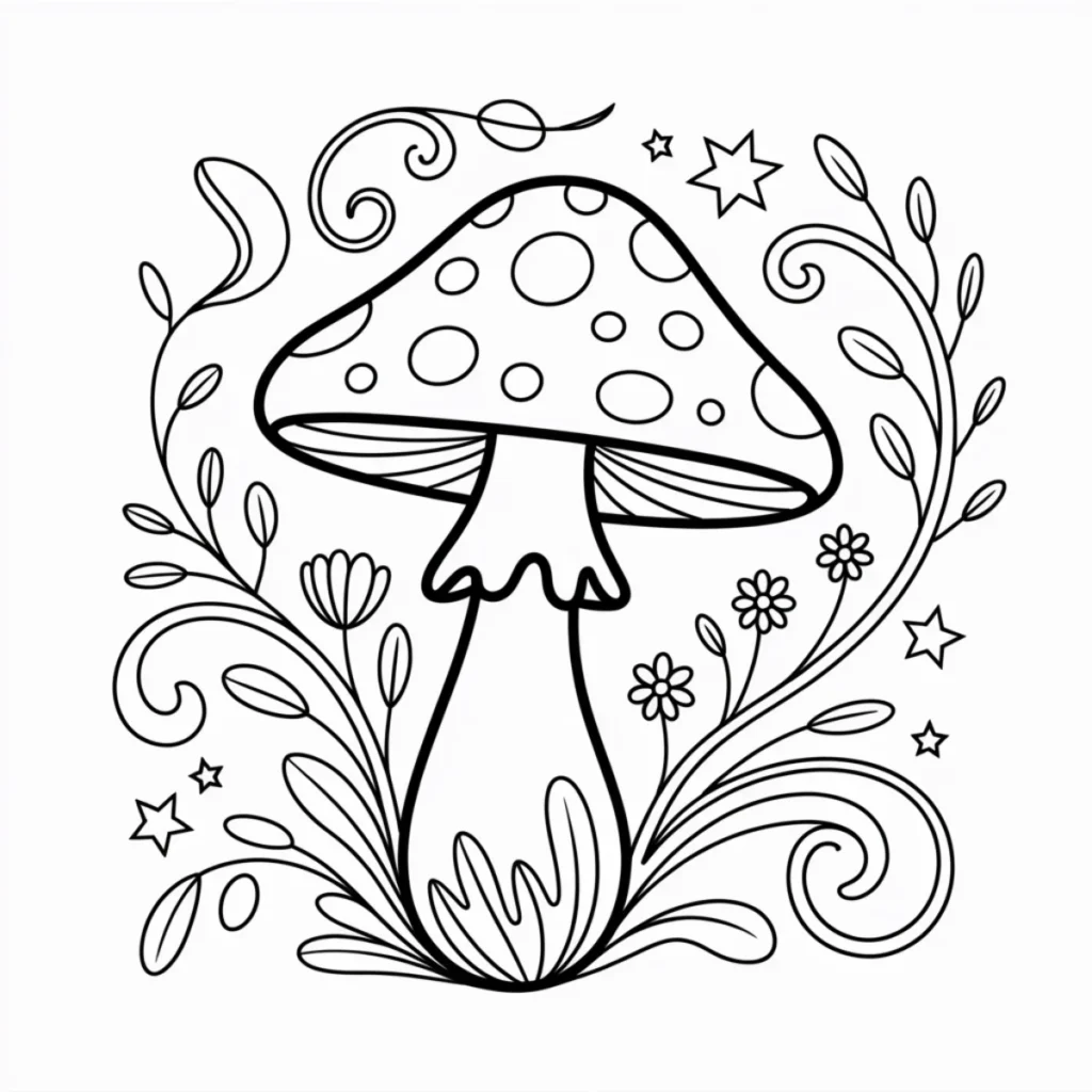 Magical mushroom coloring page line art created with an AI prompt