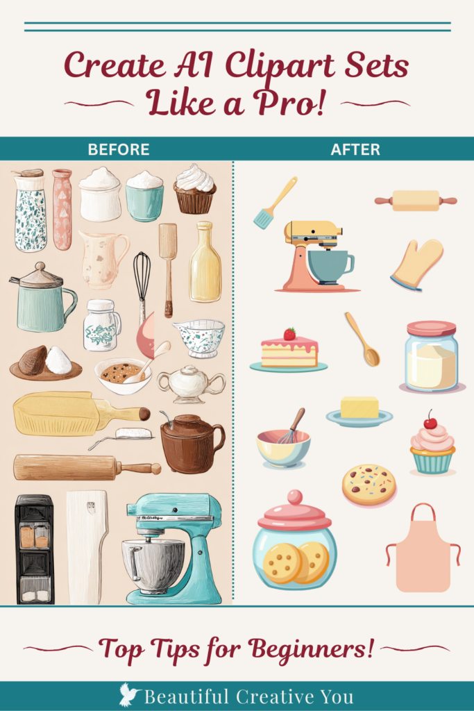 AI generated baking clipart examples showing messy image generation versus clean cohesive clipart.