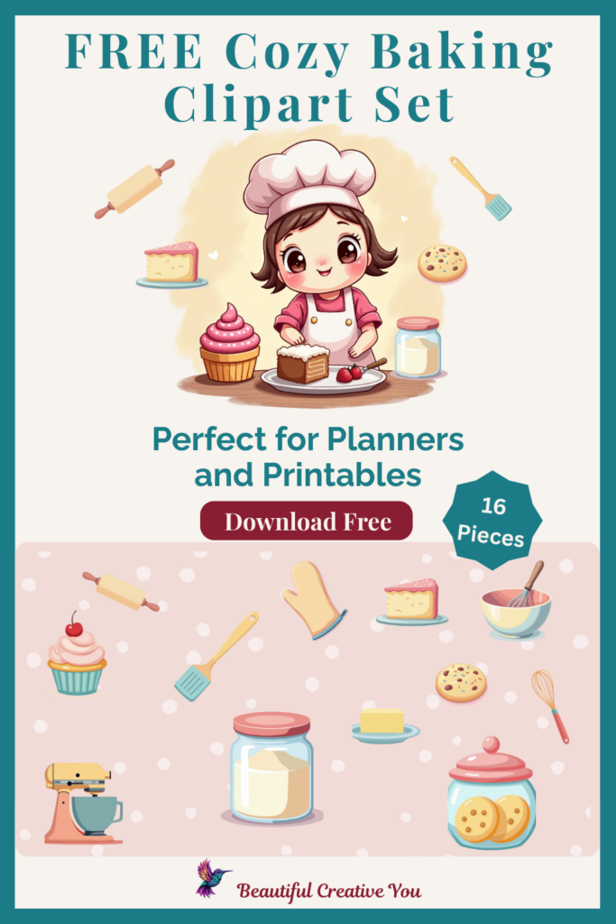 Cute baking themed clipart including mixer, cupcake, jar, cookie, and kitchen tools.