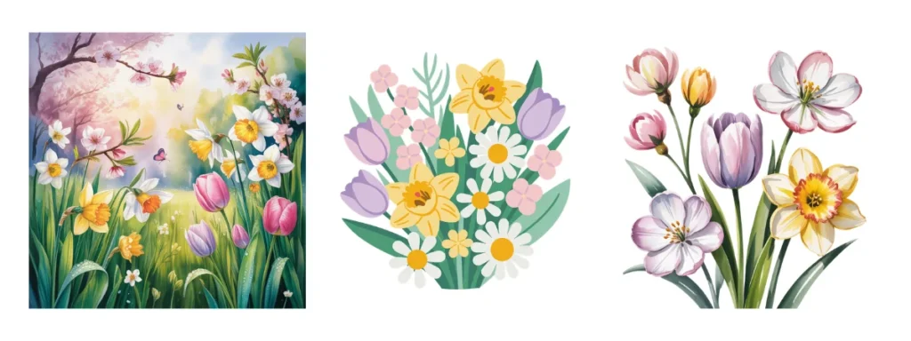 AI-generated spring flower clipart showing progression from simple prompt to clean, usable design with white background