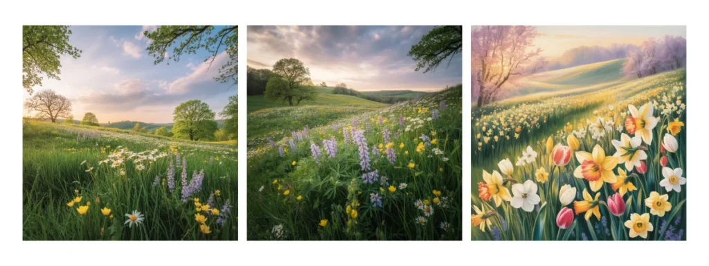 Spring meadow artwork showing how adding style and composition turns a simple prompt into a finished art piece