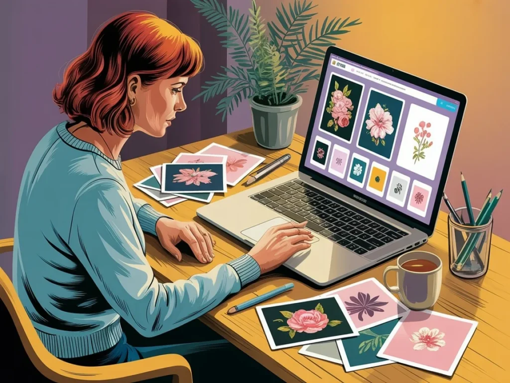 Midlife woman surrounded by a collection of images on her laptop and desk, feeling overwhelmed by too many options