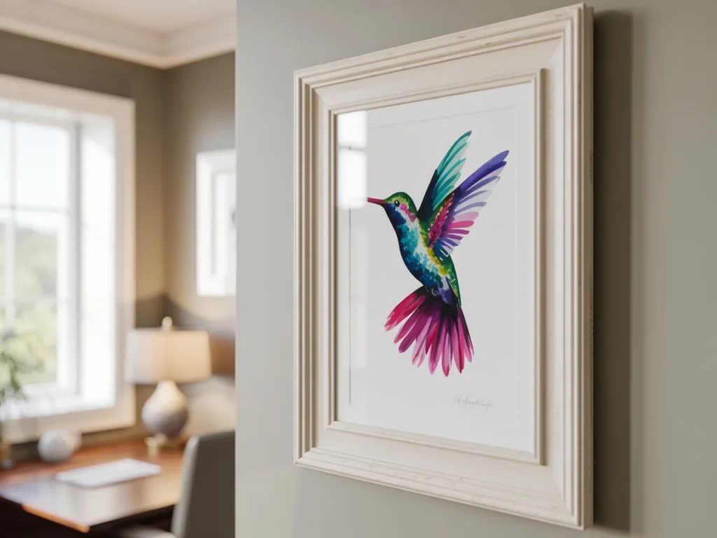 Colorful hummingbird wall art example of a finished AI image project