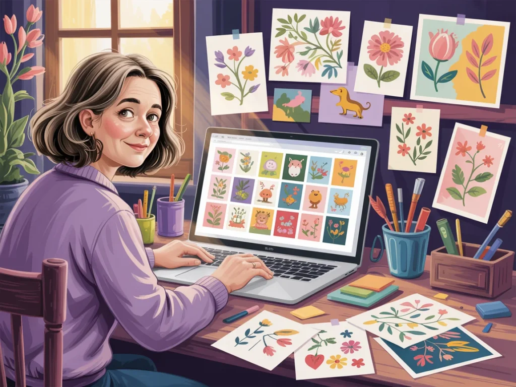 Woman working on laptop with many different AI image ideas and styles, showing overwhelm and lack of cohesive project