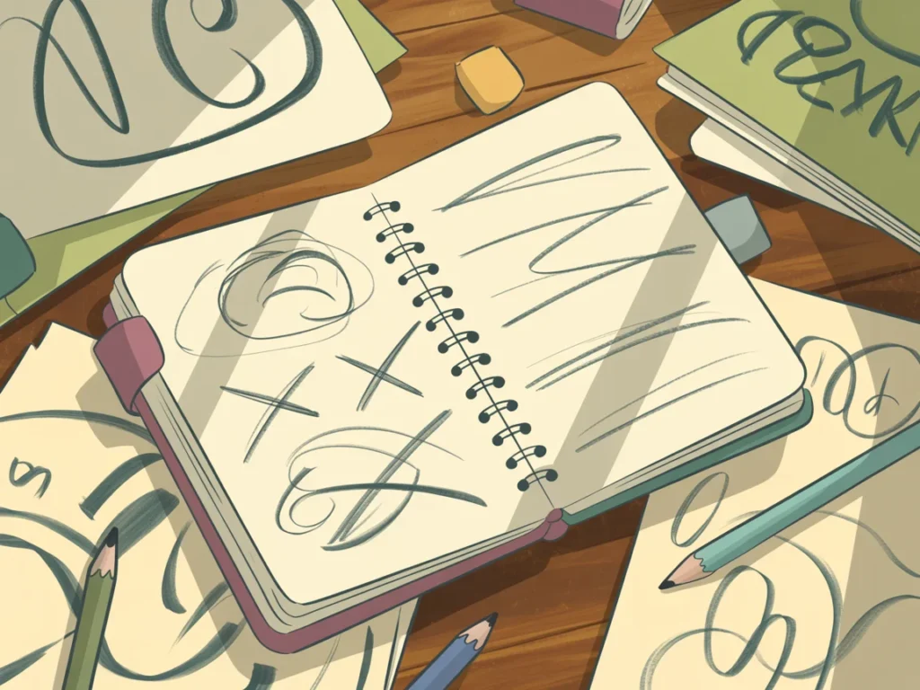 Messy notebook with scribbles showing frustration when creating AI image prompts