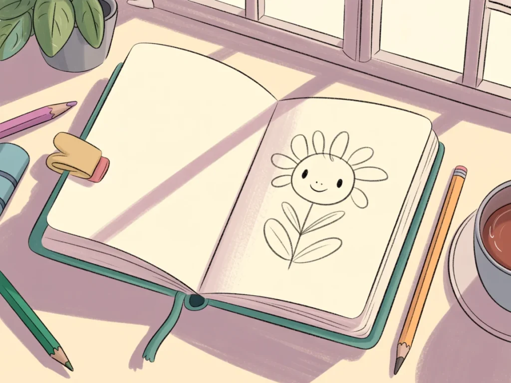 Simple finished drawing in a notebook showing clear results from AI image prompts