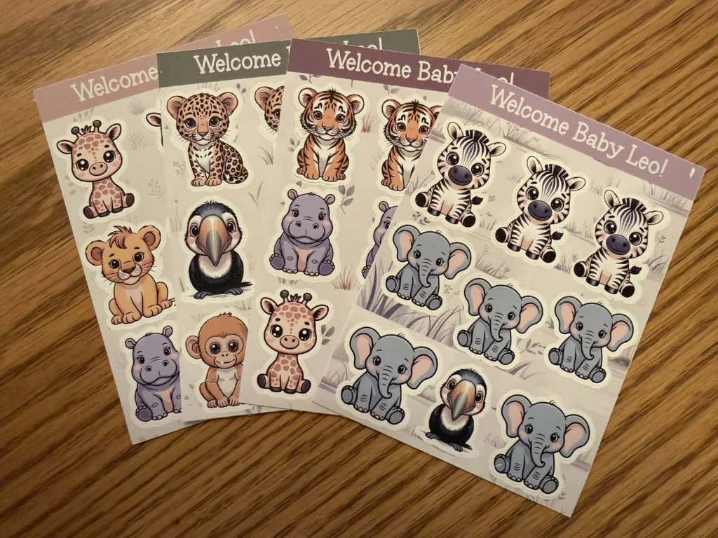 Safari animal sticker sheets created from AI images