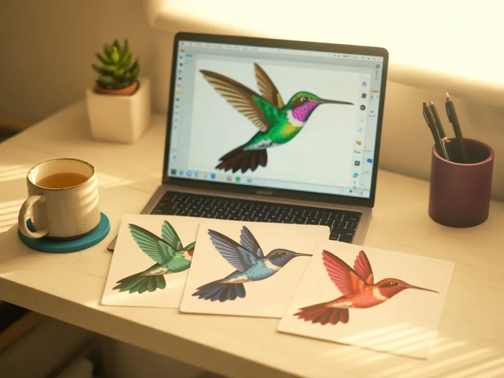 Laptop displaying hummingbird AI image with matching cohesive image set on desk
