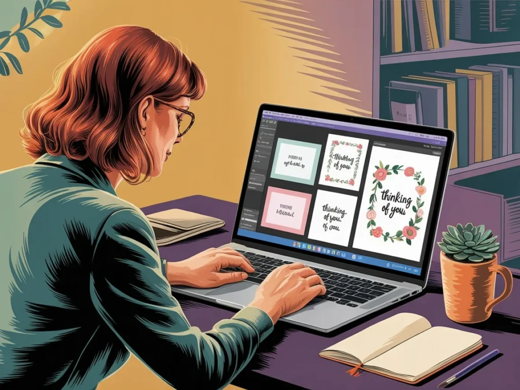 Midlife woman creating a collection of images on her laptop in a calm workspace