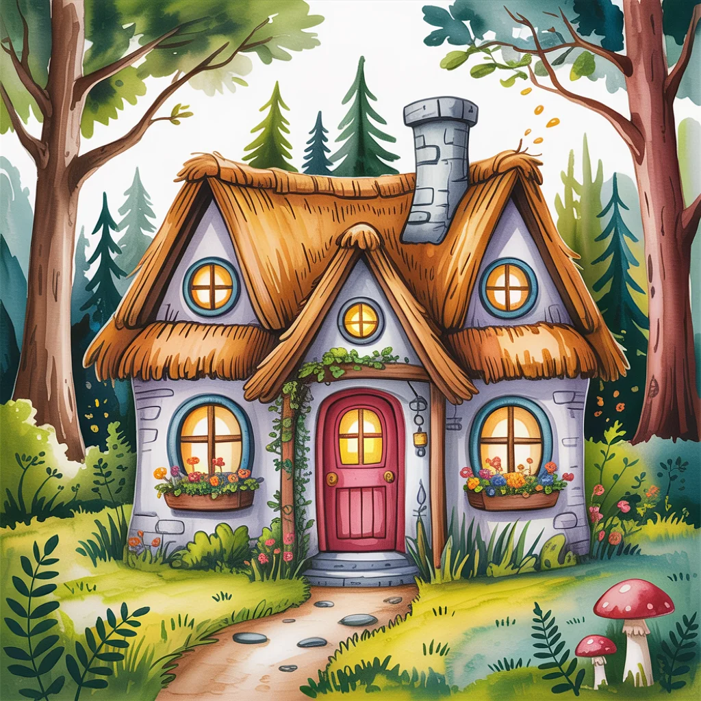 Whimsical forest cottage clipart created from a simple AI image prompt in a cozy hand-drawn style